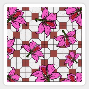 Hong Kong Bauhinia with Brick Red Tile Floor Pattern - Summer Flower Pattern Sticker